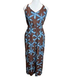 NWOT LOFT Sleeveless Jumpsuit with Blue Floral on Brown Size Large Petite